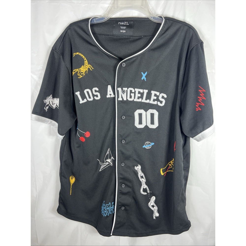 Rue 21 Men's Large Black‎ Graphic Print Streetwear Button-Up Jersey